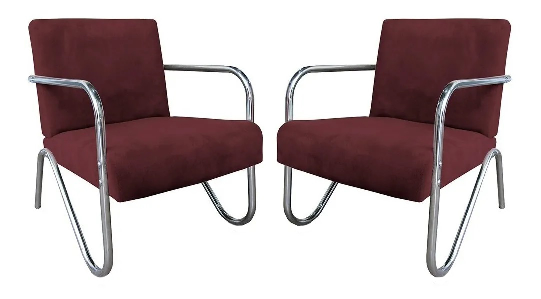 Kit 2 Poltronas Para Sala de Espera Recepção Em Suede Vinho Com Braços Cromados Decorativa Confortável Até 120 Kg - PS