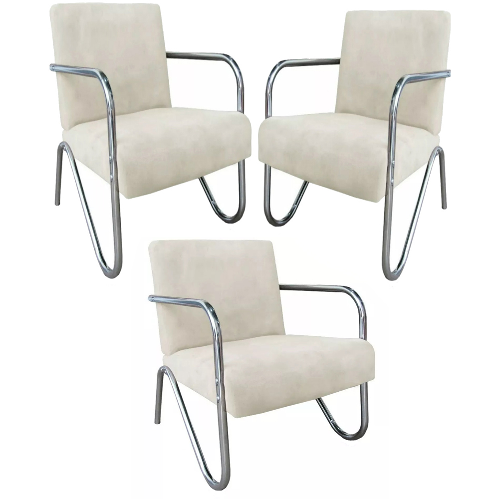 Kit 3 Poltronas Para Sala de Espera Recepção Em Suede Bege Com Braços Cromados Decorativa Confortável Até 120 Kg - PS