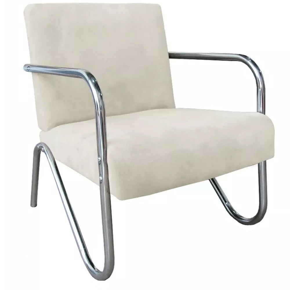 Kit 3 Poltronas Para Sala de Espera Recepção Em Suede Bege Com Braços Cromados Decorativa Confortável Até 120 Kg - PS