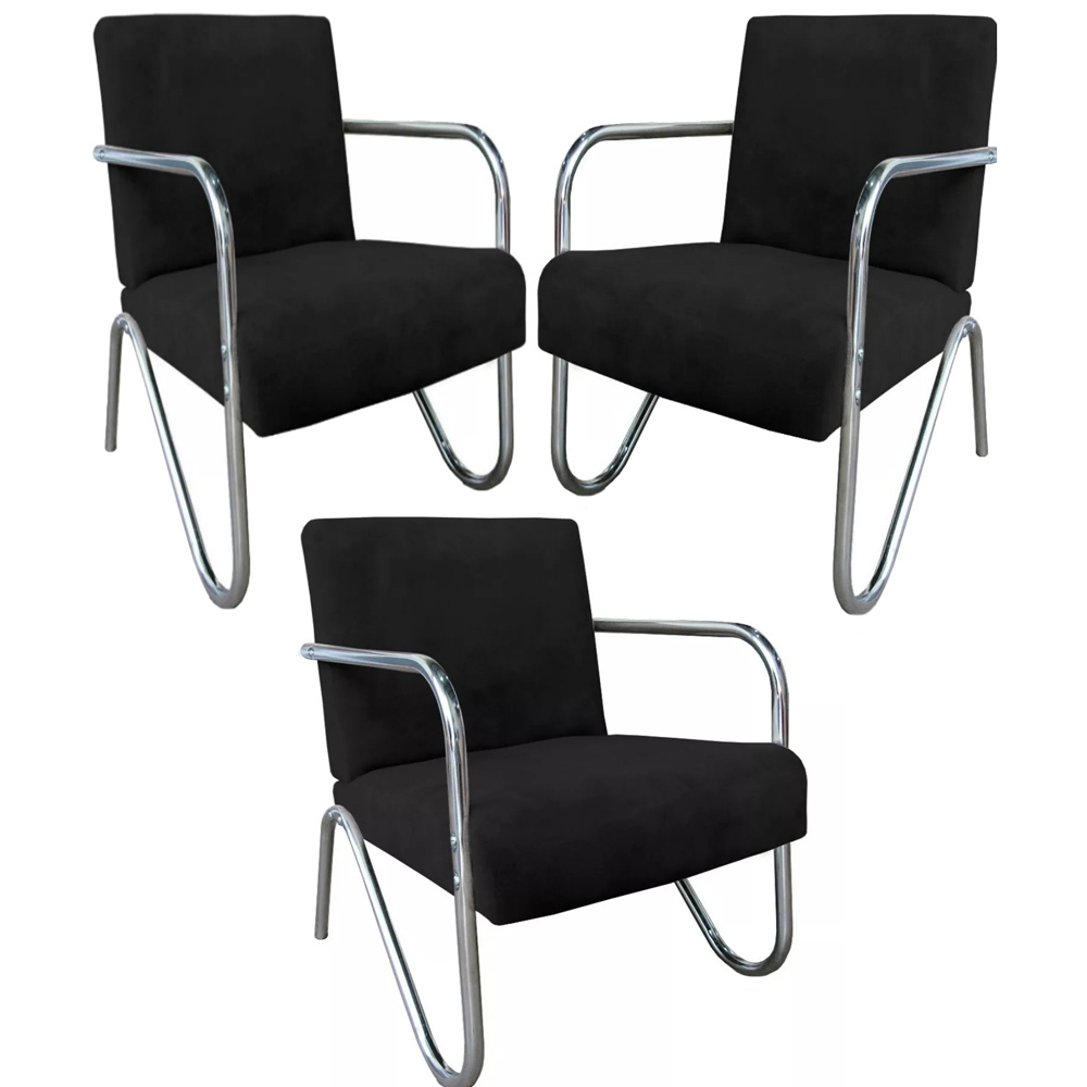 Kit 3 Poltronas Para Sala de Espera Recepção Em Suede Preto Com Braços Cromados Decorativa Confortável Até 120 Kg - PS