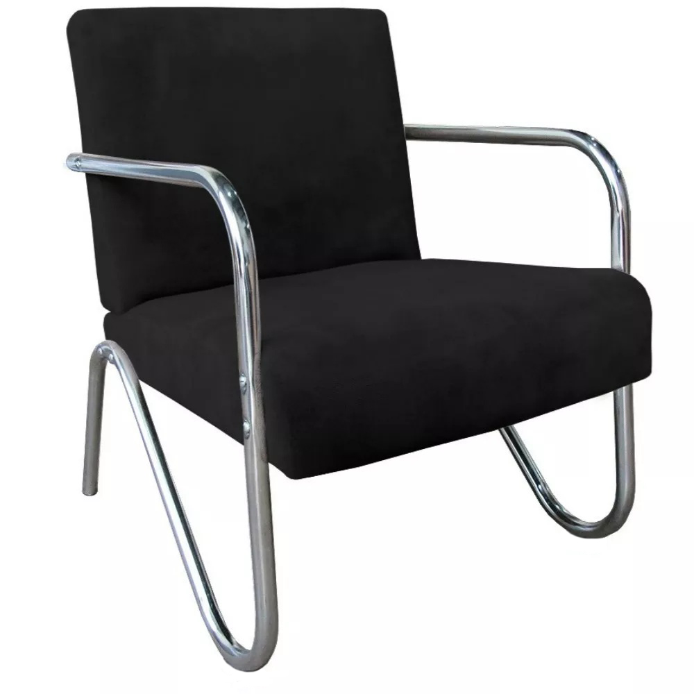 Kit 3 Poltronas Para Sala de Espera Recepção Em Suede Preto Com Braços Cromados Decorativa Confortável Até 120 Kg - PS
