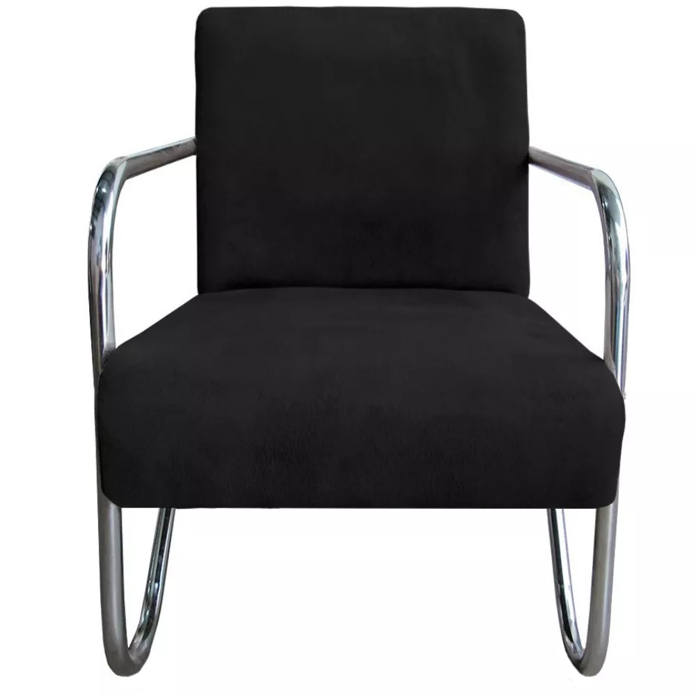 Kit 3 Poltronas Para Sala de Espera Recepção Em Suede Preto Com Braços Cromados Decorativa Confortável Até 120 Kg - PS