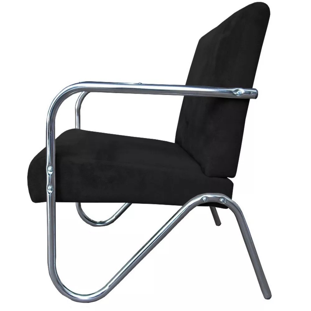 Kit 3 Poltronas Para Sala de Espera Recepção Em Suede Preto Com Braços Cromados Decorativa Confortável Até 120 Kg - PS