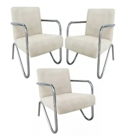 Kit 5 Poltronas Para Sala de Espera Recepção Em Suede Bege Com Braços Cromados Decorativa Confortável Até 120 Kg - PS