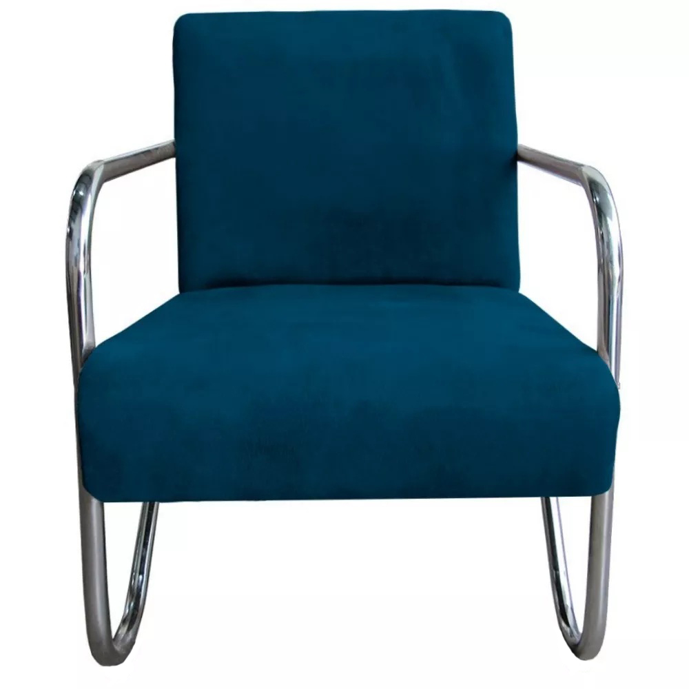 Poltrona Para Sala de Espera Recepção Em Suede Azul Marinho Com Braços Cromados Decorativa Confortável Até 120 Kg - PS