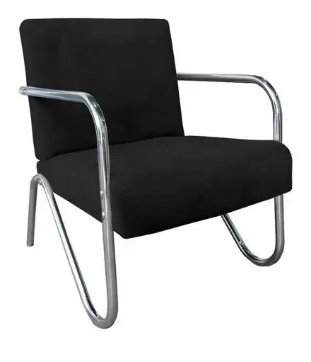 Poltrona Para Sala de Espera Recepção Em Suede Preto Com Braços Cromados Decorativa Confortável Até 120 Kg - PS