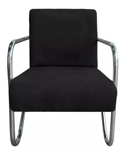 Poltrona Para Sala de Espera Recepção Em Suede Preto Com Braços Cromados Decorativa Confortável Até 120 Kg - PS