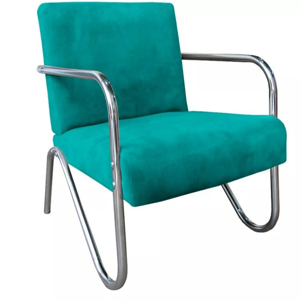 Poltrona Para Sala de Espera Recepção Em Suede Verde Água Com Braços Cromados Decorativa Confortável Até 120 Kg - PS