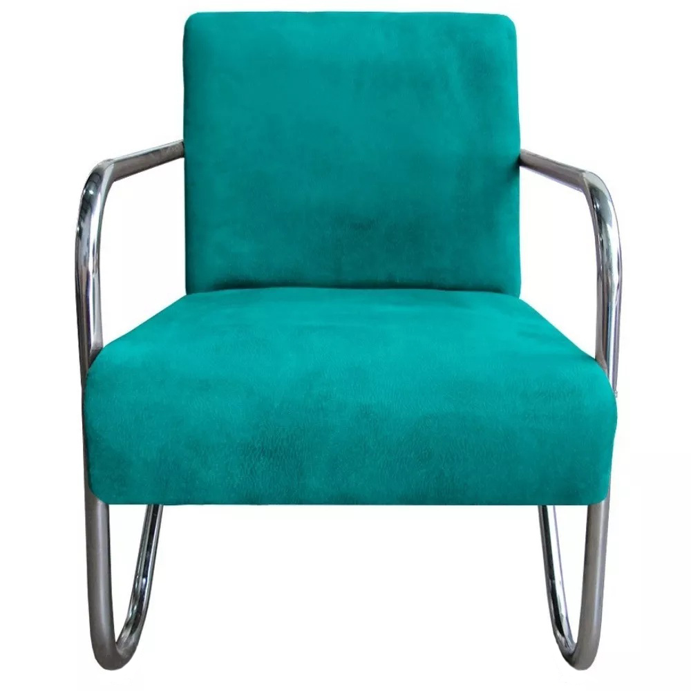 Poltrona Para Sala de Espera Recepção Em Suede Verde Água Com Braços Cromados Decorativa Confortável Até 120 Kg - PS