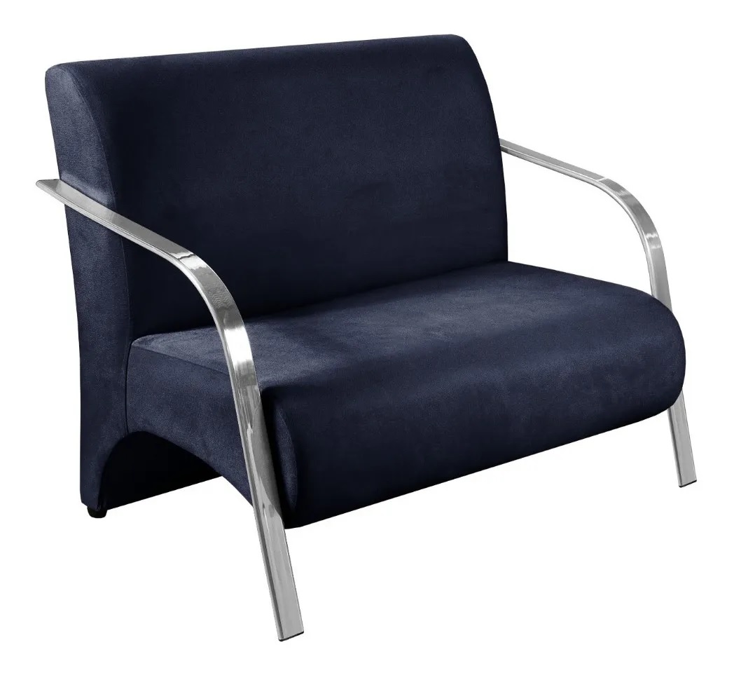 Poltrona Sofá Namoradeira 2 Lugares Decorativa Confortável para Quarto Sala de Espera Recepção Em Suede Azul Marinho Braço de Alumínio