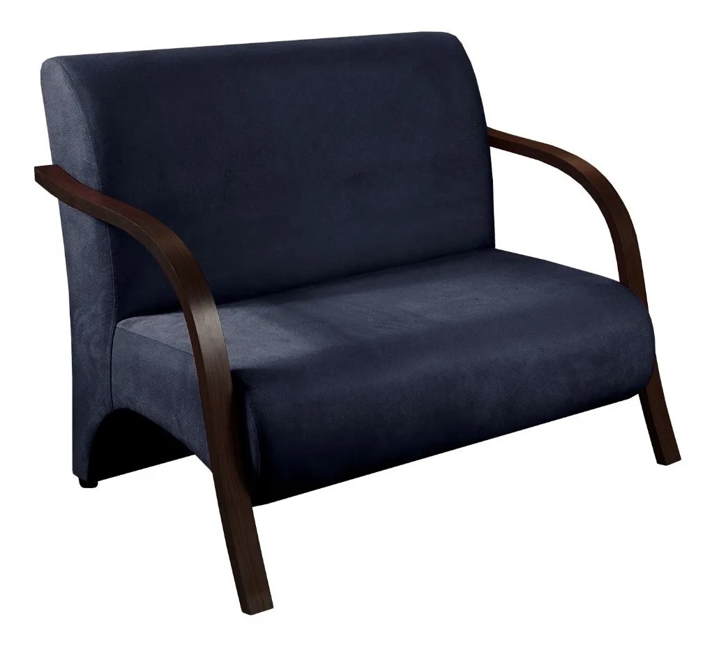 Poltrona Sofá Namoradeira 2 Lugares Decorativa Confortável para Quarto Sala de Espera Recepção Em Suede Azul Marinho Braço de Madeira