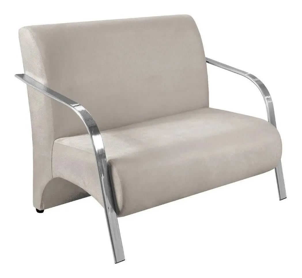 Poltrona Sofá Namoradeira 2 Lugares Decorativa Confortável para Quarto Sala de Espera Recepção Em Suede Bege Braço de Alumínio
