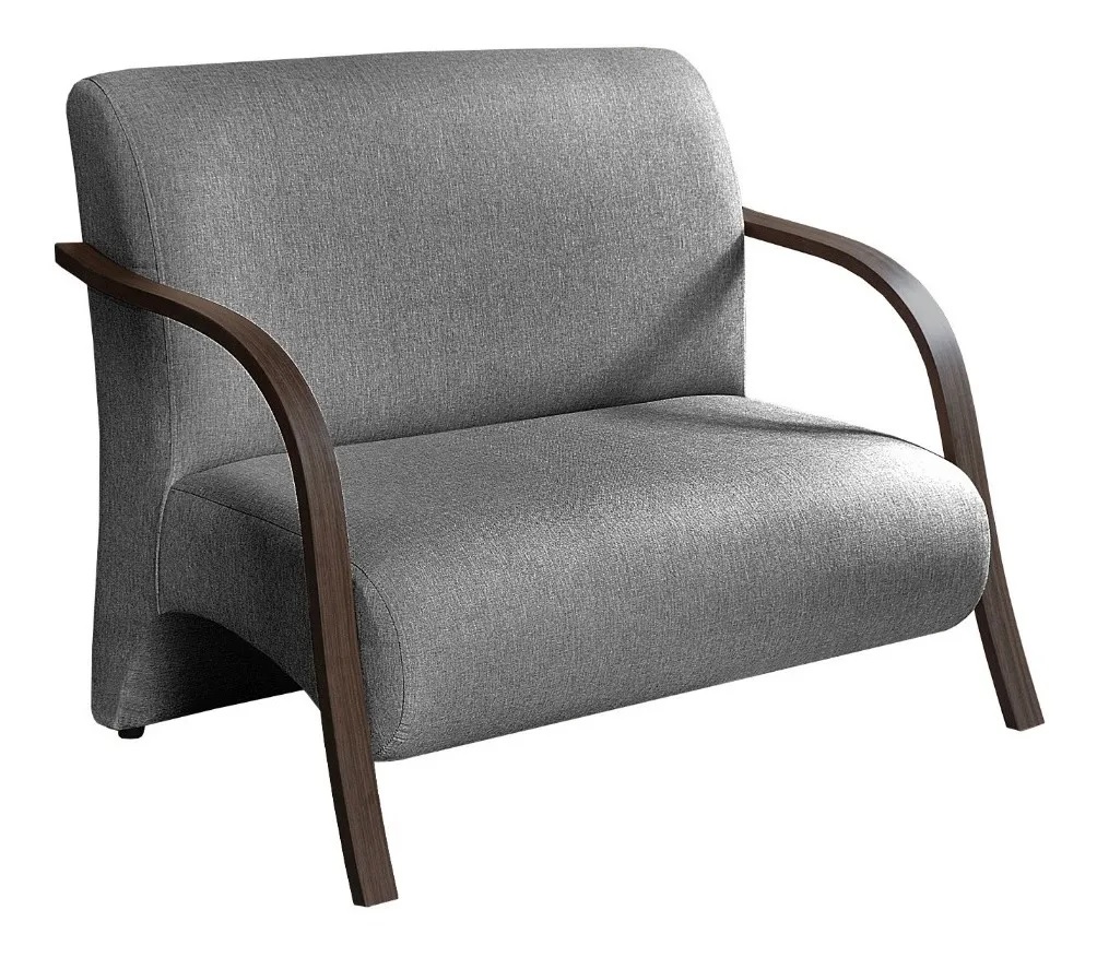 Poltrona Sofá Namoradeira 2 Lugares Decorativa Confortável para Quarto Sala de Espera Recepção Em Suede Cinza Braço de Madeira