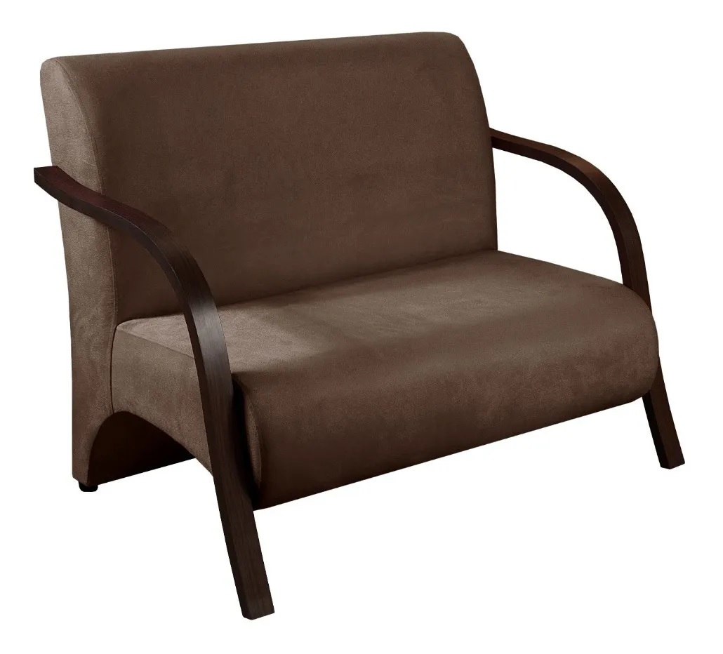 Poltrona Sofá Namoradeira 2 Lugares Decorativa Confortável para Quarto Sala de Espera Recepção Em Suede Marrom Braço de Madeira