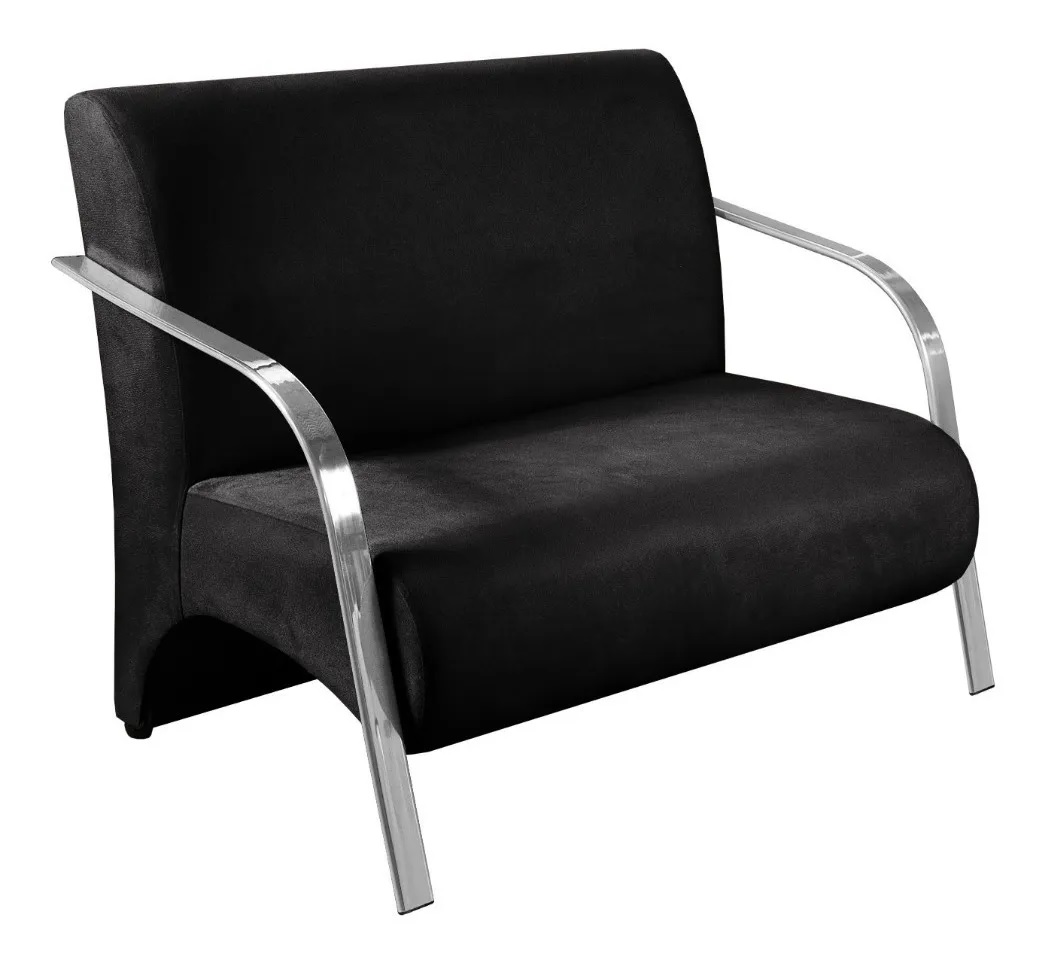 Poltrona Sofá Namoradeira 2 Lugares Decorativa Confortável para Quarto Sala de Espera Recepção Em Suede Preto Braço de Alumínio
