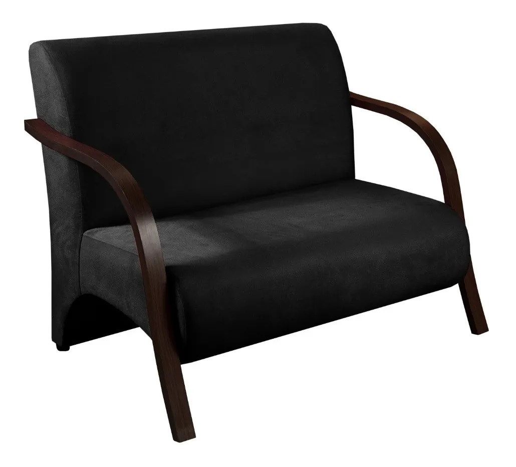 Poltrona Sofá Namoradeira 2 Lugares Decorativa Confortável para Quarto Sala de Espera Recepção Em Suede Preto Braço de Madeira