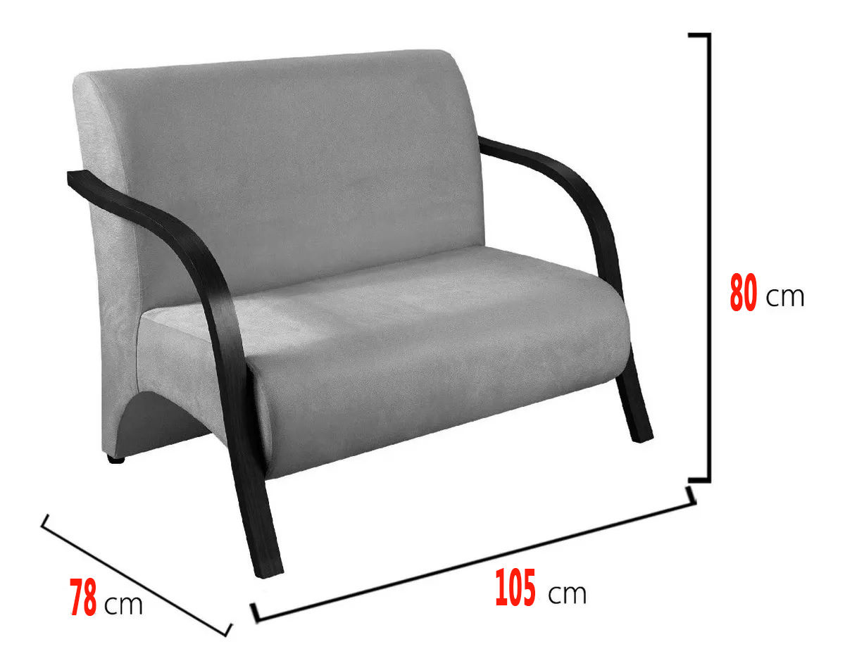 Poltrona Sofá Namoradeira 2 Lugares Decorativa Confortável para Quarto Sala de Espera Recepção Em Suede Preto Braço de Madeira