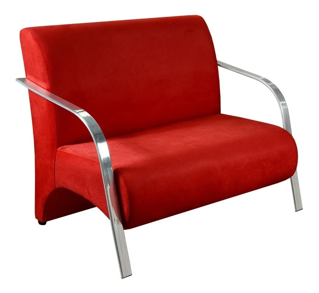 Poltrona Sofá Namoradeira 2 Lugares Decorativa Confortável para Quarto Sala de Espera Recepção Em Suede Vermelho Braço de Alumínio