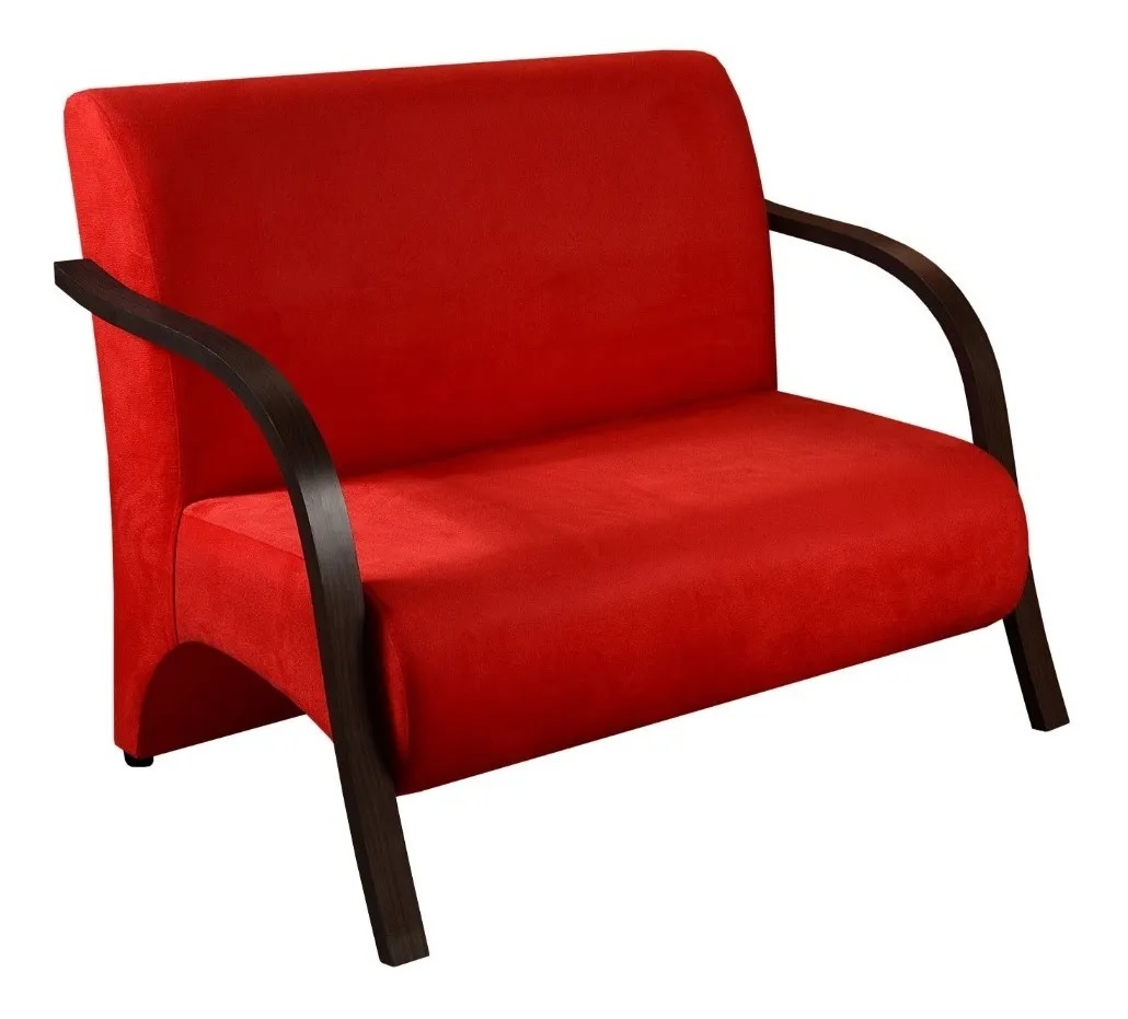 Poltrona Sofá Namoradeira 2 Lugares Decorativa Confortável para Quarto Sala de Espera Recepção Em Suede Vermelho Braço de Madeira