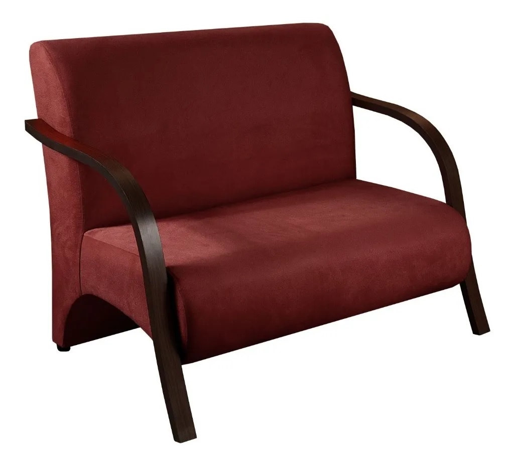Poltrona Sofá Namoradeira 2 Lugares Decorativa Confortável para Quarto Sala de Espera Recepção Em Suede Vinho Braço de Madeira