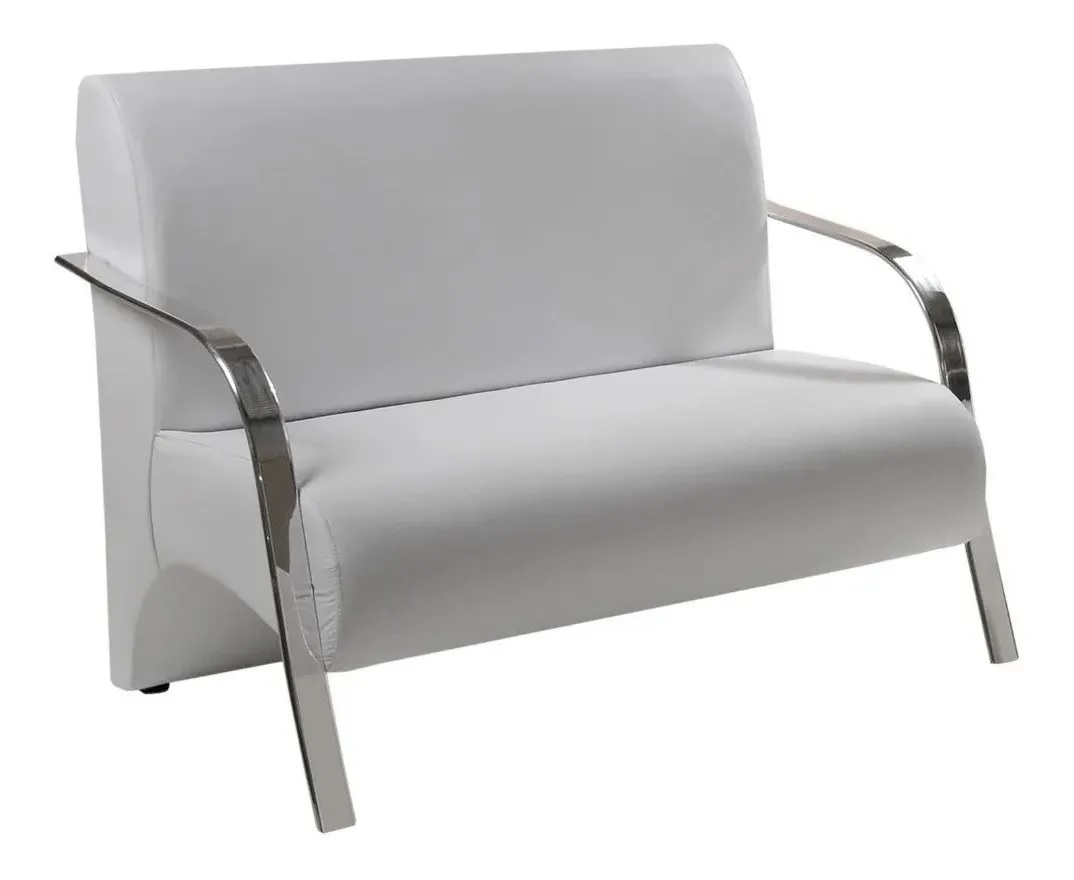 Poltrona Sofá Namoradeira Em Curvin Branco 2 Lugares Decorativa Confortável para Quarto Sala de Espera Recepção Braço Cromado