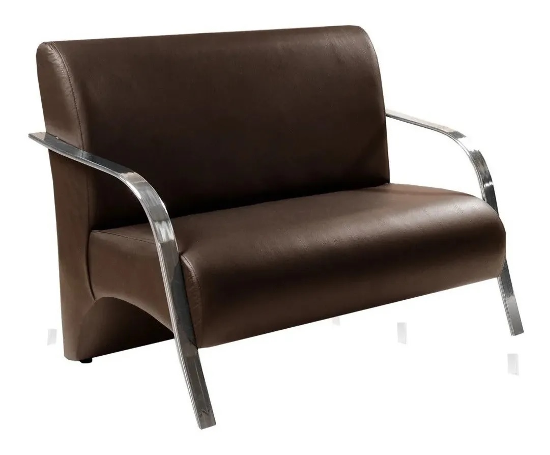Poltrona Sofá Namoradeira Em Curvin Marrom 2 Lugares Decorativa Confortável para Quarto Sala de Espera Recepção Braço Cromado