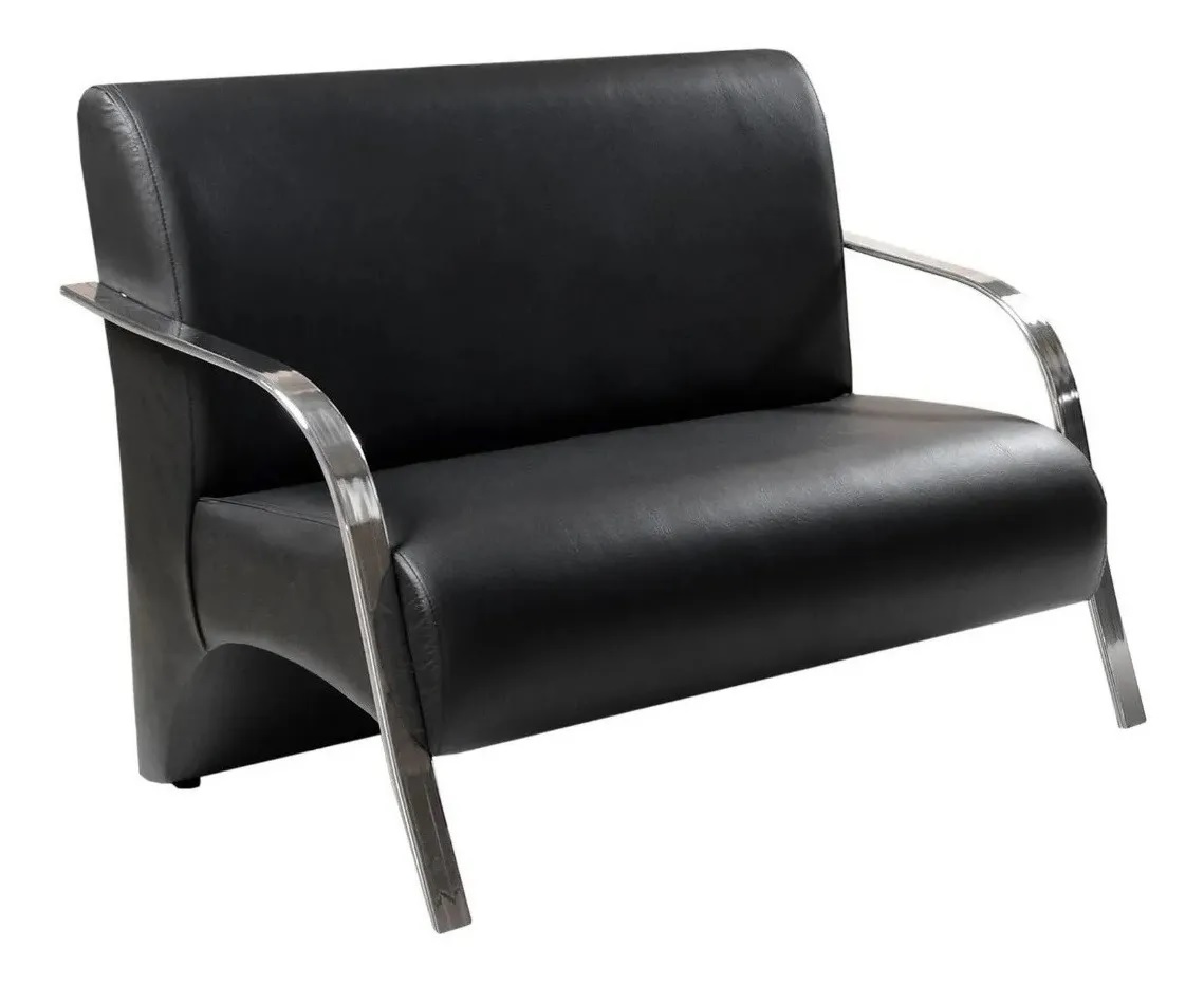 Poltrona Sofá Namoradeira Em Curvin Preto 2 Lugares Decorativa Confortável para Quarto Sala de Espera Recepção Braço Cromado