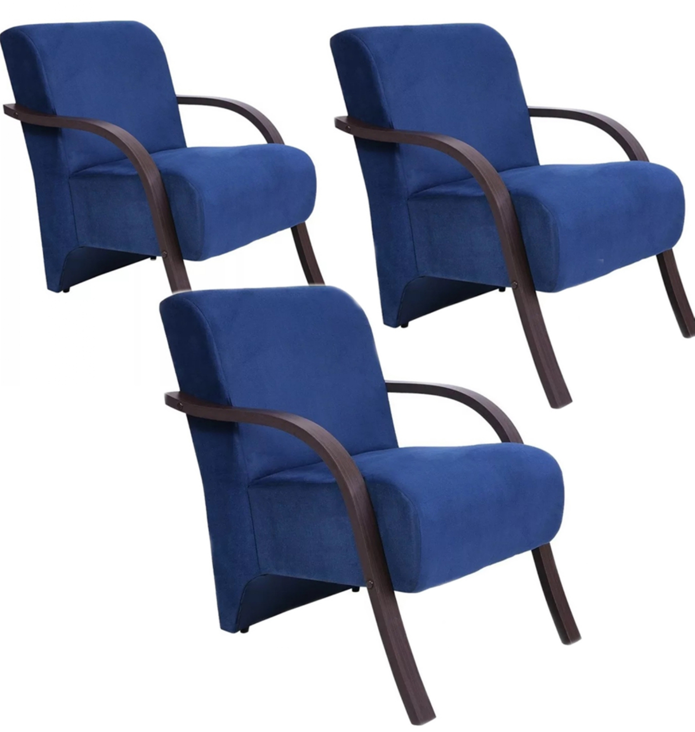 Kit 3 Poltronas Para Sala de Espera Recepção Azul Marinho Em Suede Com Braços de Madeira Decorativa Confortável Até 120 kg - PSM