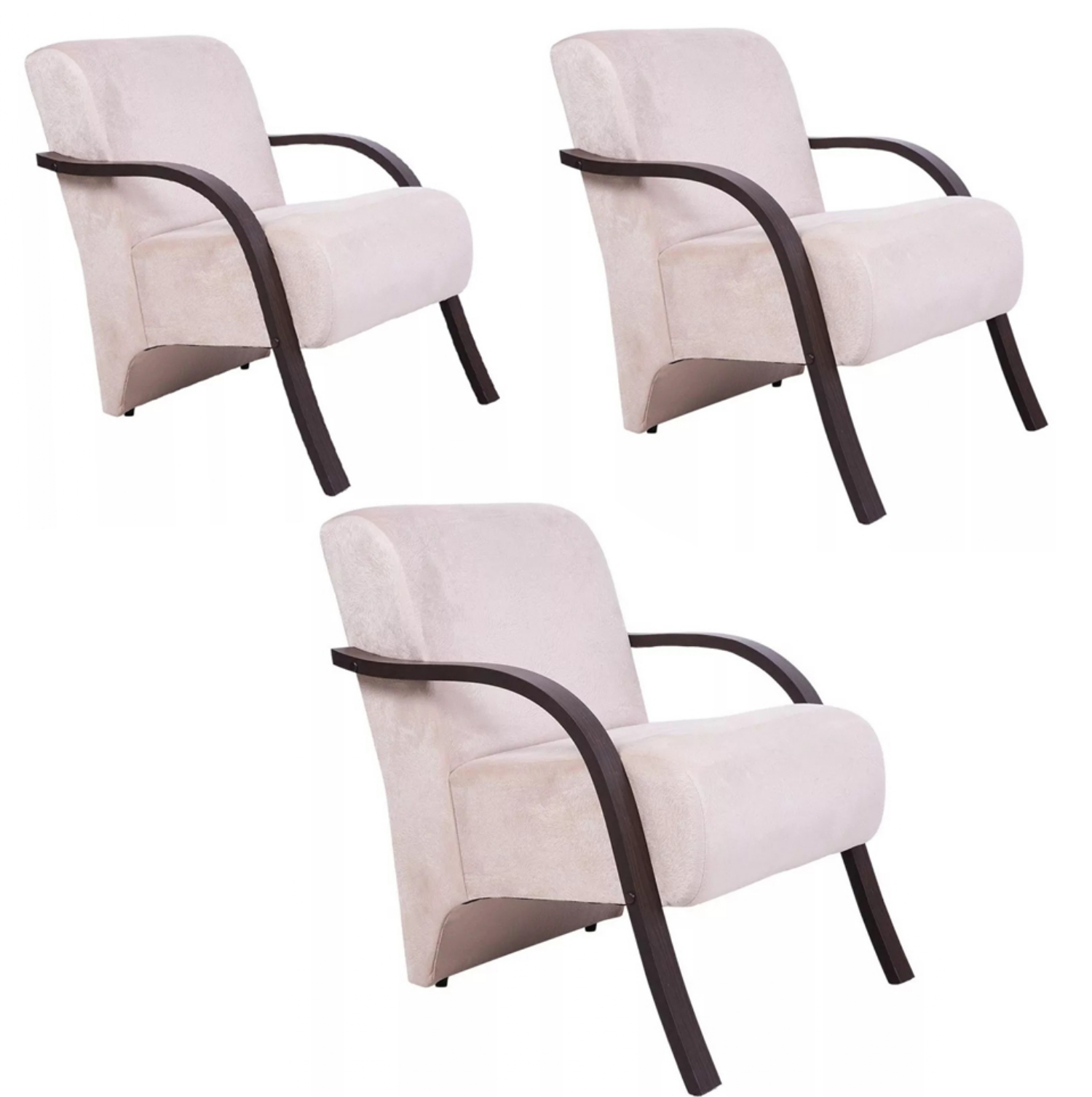 Kit 3 Poltronas Para Sala de Espera Recepção Bege Em Suede Com Braços de Madeira Decorativa Confortável Até 120 kg - PSM
