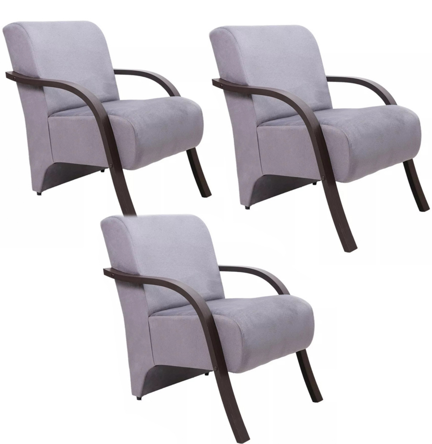 Kit 3 Poltronas Para Sala de Espera Recepção Cinza Em Suede Com Braços de Madeira Decorativa Confortável Até 120 kg - PSM
