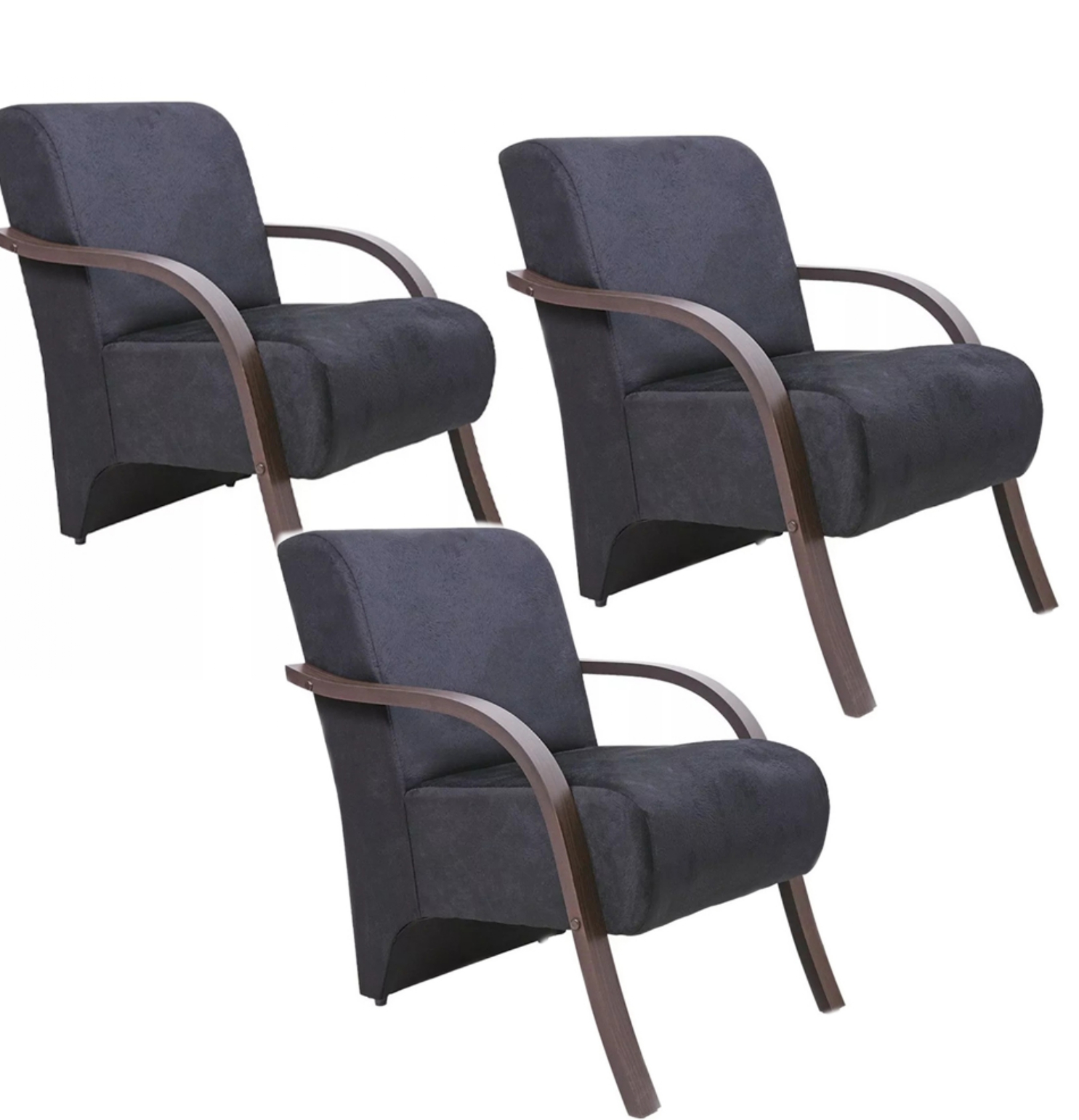 Kit 3 Poltronas Para Sala de Espera Recepção Preto Em Suede Com Braços de Madeira Decorativa Confortável Até 120 kg - PSM
