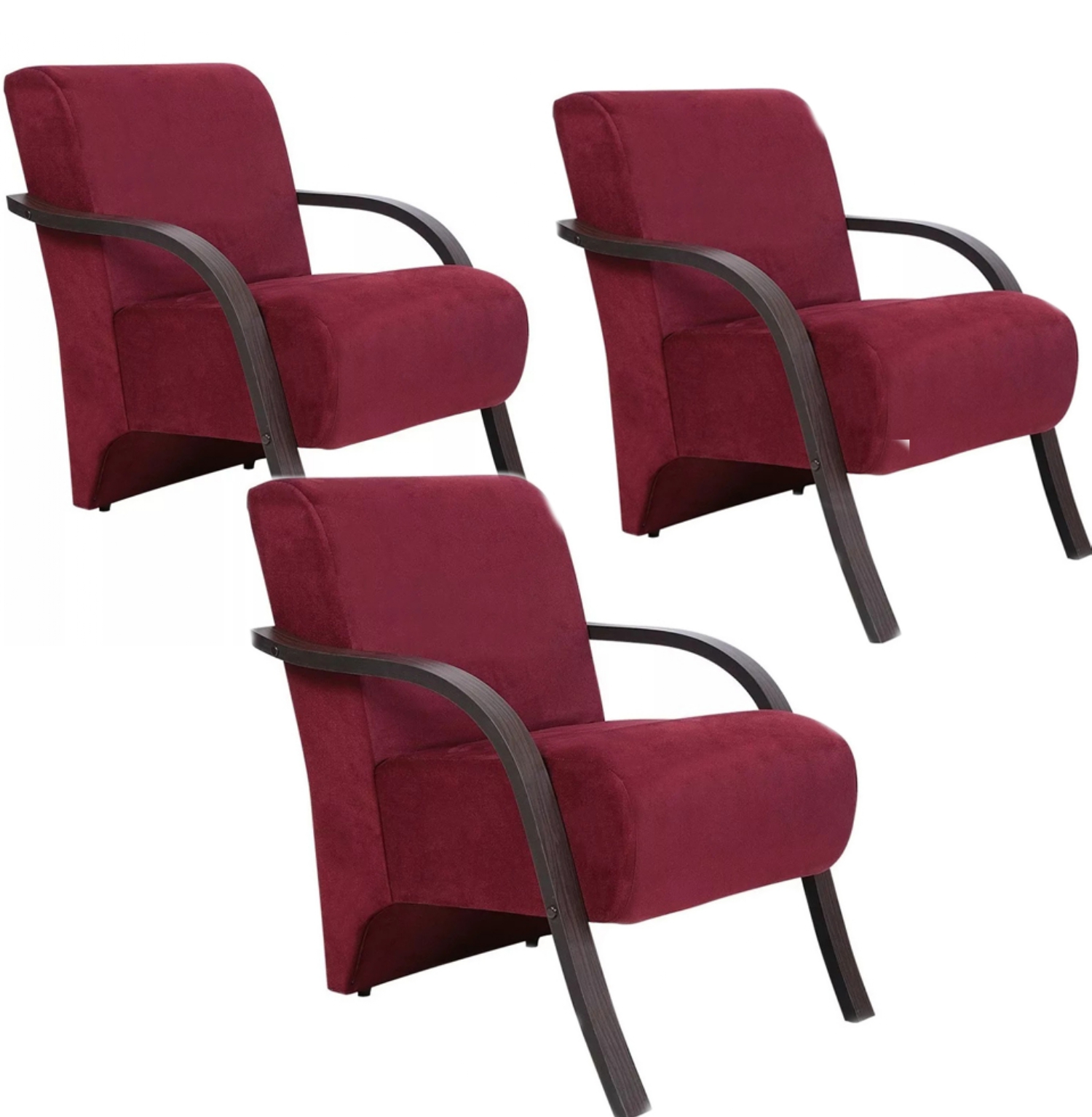 Kit 3 Poltronas Para Sala de Espera Recepção Vinho Em Suede Com Braços de Madeira Decorativa Confortável Até 120 kg - PSM