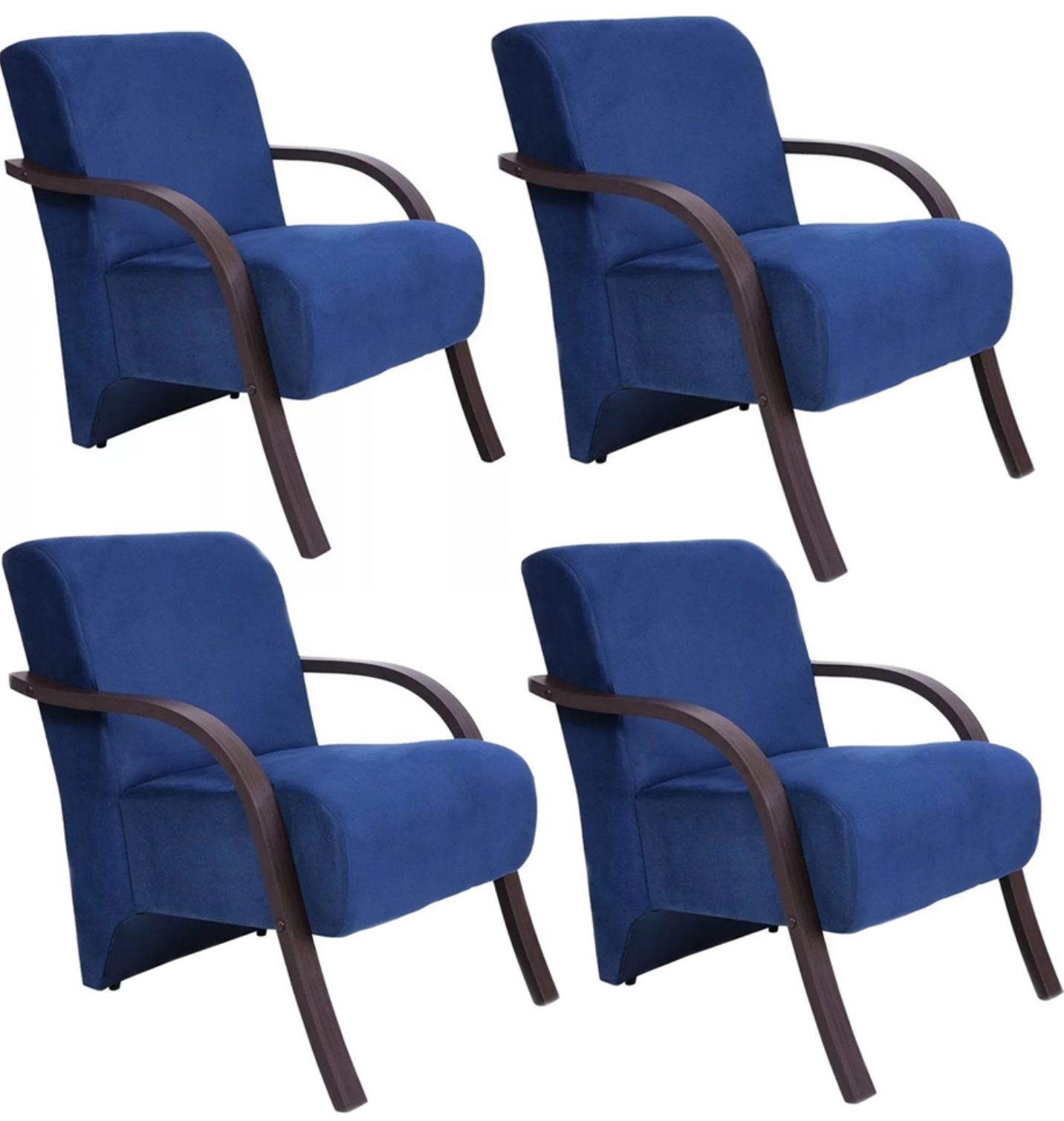 Kit 4 Poltronas Para Sala de Espera Recepção Azul Marinho Em Suede Com Braços de Madeira Decorativa Confortável Até 120 kg - PSM