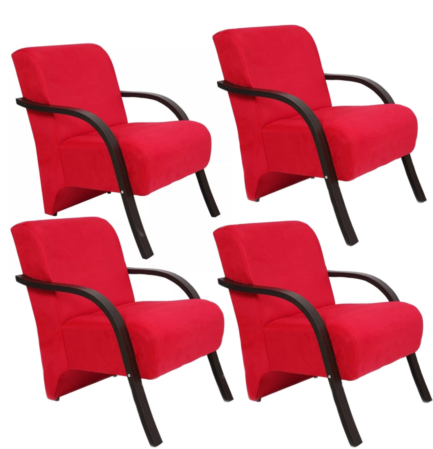 Kit 4 Poltronas Para Sala de Espera Recepção Vermelho Em Suede Com Braços de Madeira Decorativa Confortável Até 120 kg - PSM