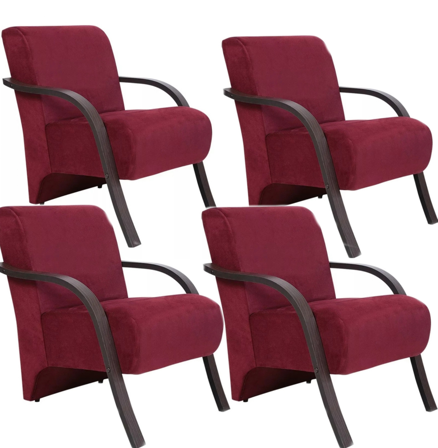 Kit 4 Poltronas Para Sala de Espera Recepção Vinho Em Suede Com Braços de Madeira Decorativa Confortável Até 120 kg - PSM