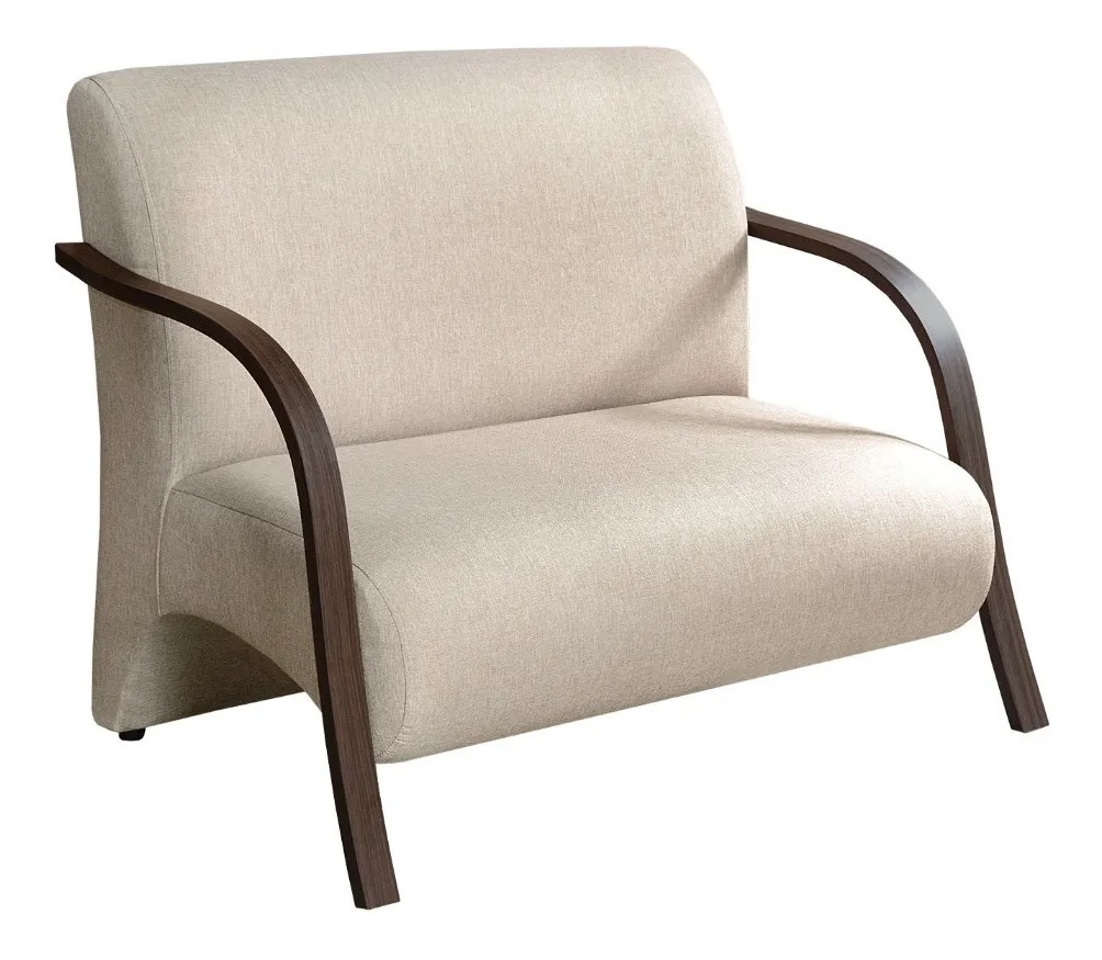 Poltrona Sofá Namoradeira Em Curvin Bege 2 Lugares Decorativa Confortável para Quarto Sala de Espera Recepção Braço de Madeira