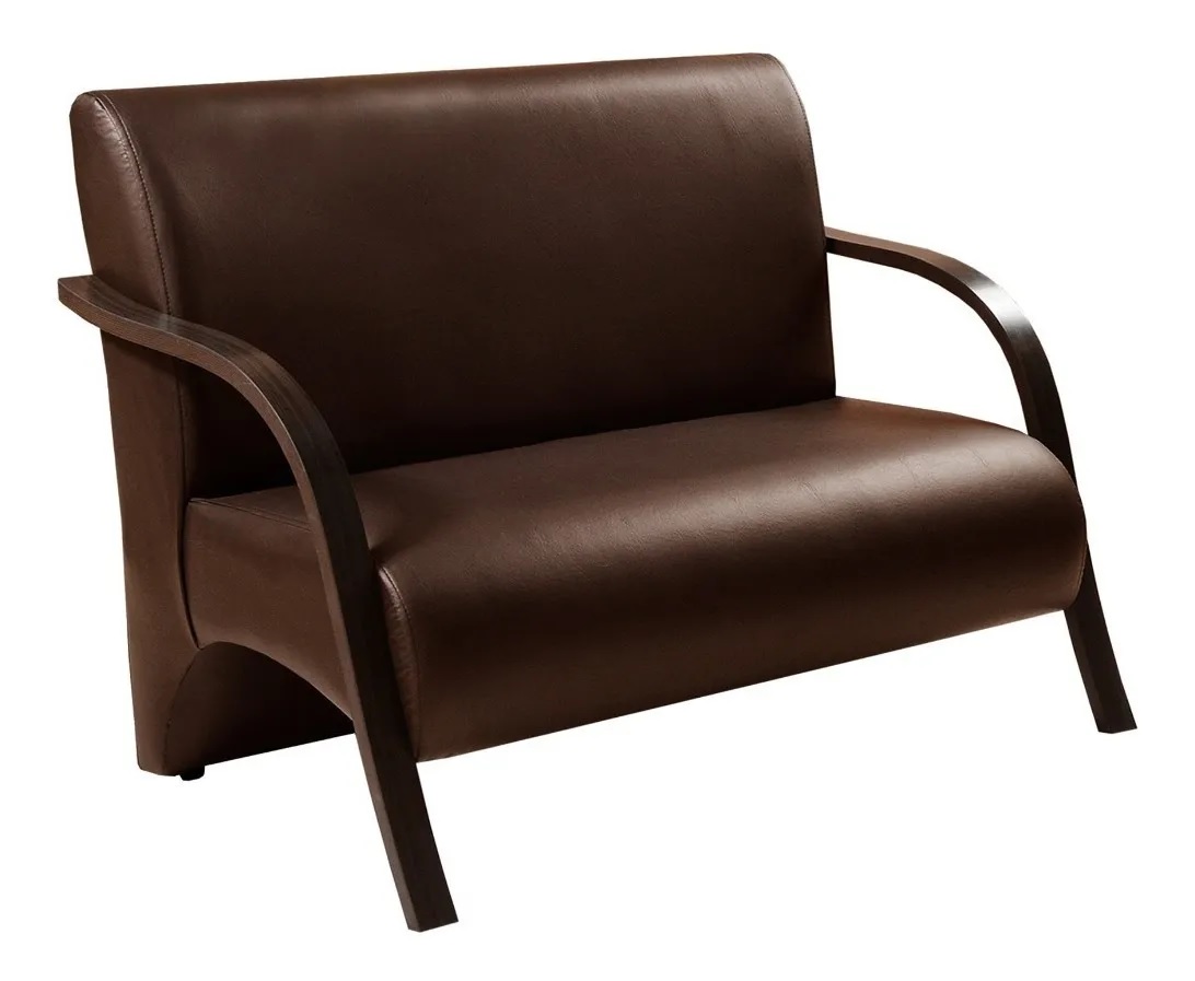 Poltrona Sofá Namoradeira Em Curvin Marrom 2 Lugares Decorativa Confortável para Quarto Sala de Espera Recepção Braço de Madeira