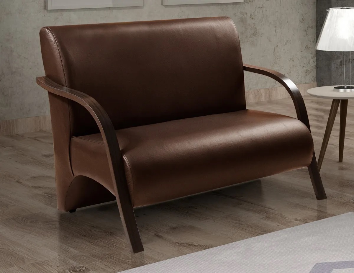 Poltrona Sofá Namoradeira Em Curvin Marrom 2 Lugares Decorativa Confortável para Quarto Sala de Espera Recepção Braço de Madeira