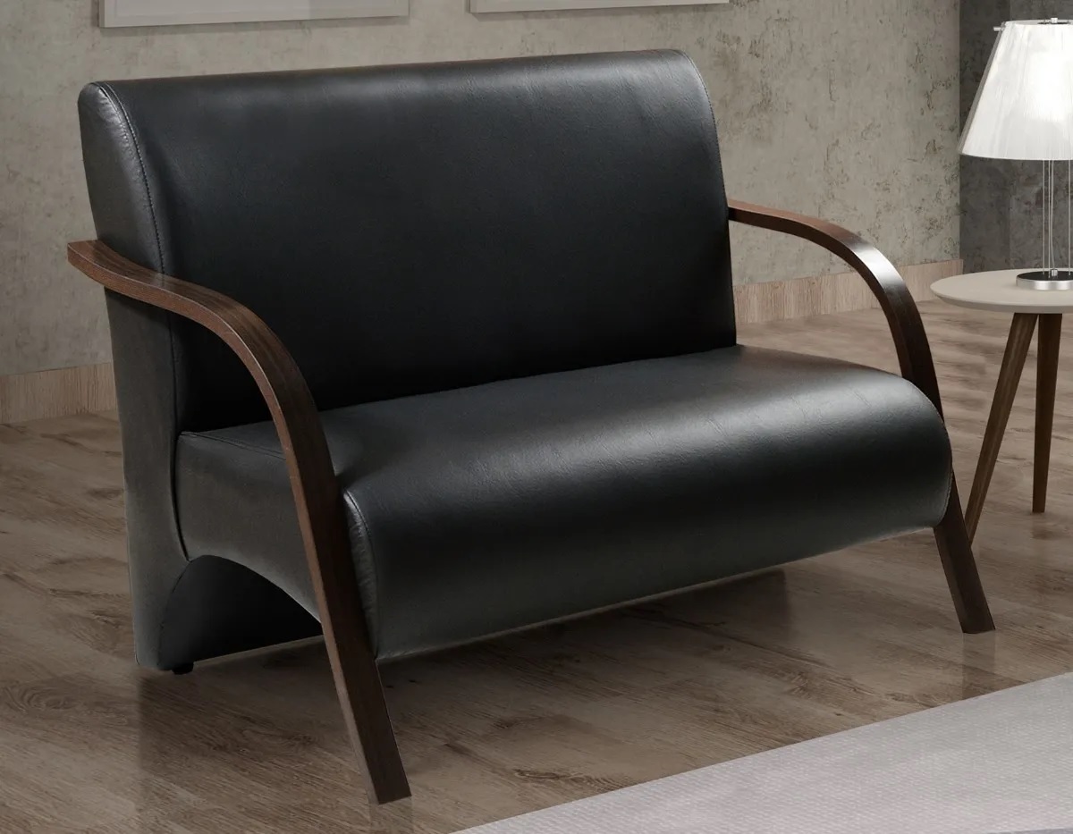 Poltrona Sofá Namoradeira Em Curvin Preto 2 Lugares Decorativa Confortável para Quarto Sala de Espera Recepção Braço de Madeira