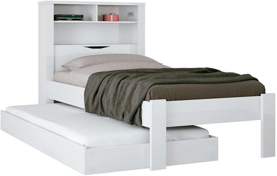 Bicama Solteiro Branca Moderna Para Quarto Com Cabeceira Baú Acoplado Com Prateleiras + Cama Auxiliar  Inv