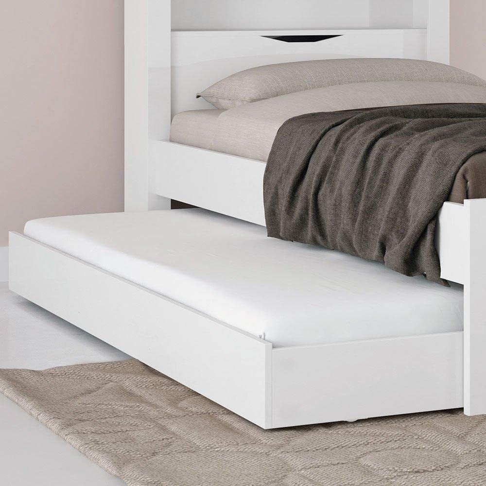 Bicama Solteiro Branca Moderna Para Quarto Com Cabeceira Baú Acoplado Com Prateleiras + Cama Auxiliar  Inv