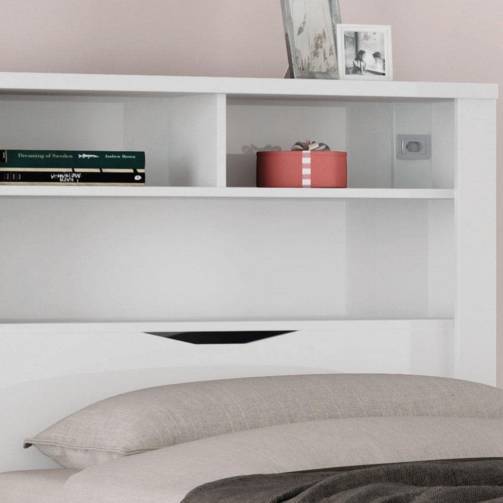 Bicama Solteiro Branca Moderna Para Quarto Com Cabeceira Baú Acoplado Com Prateleiras + Cama Auxiliar  Inv