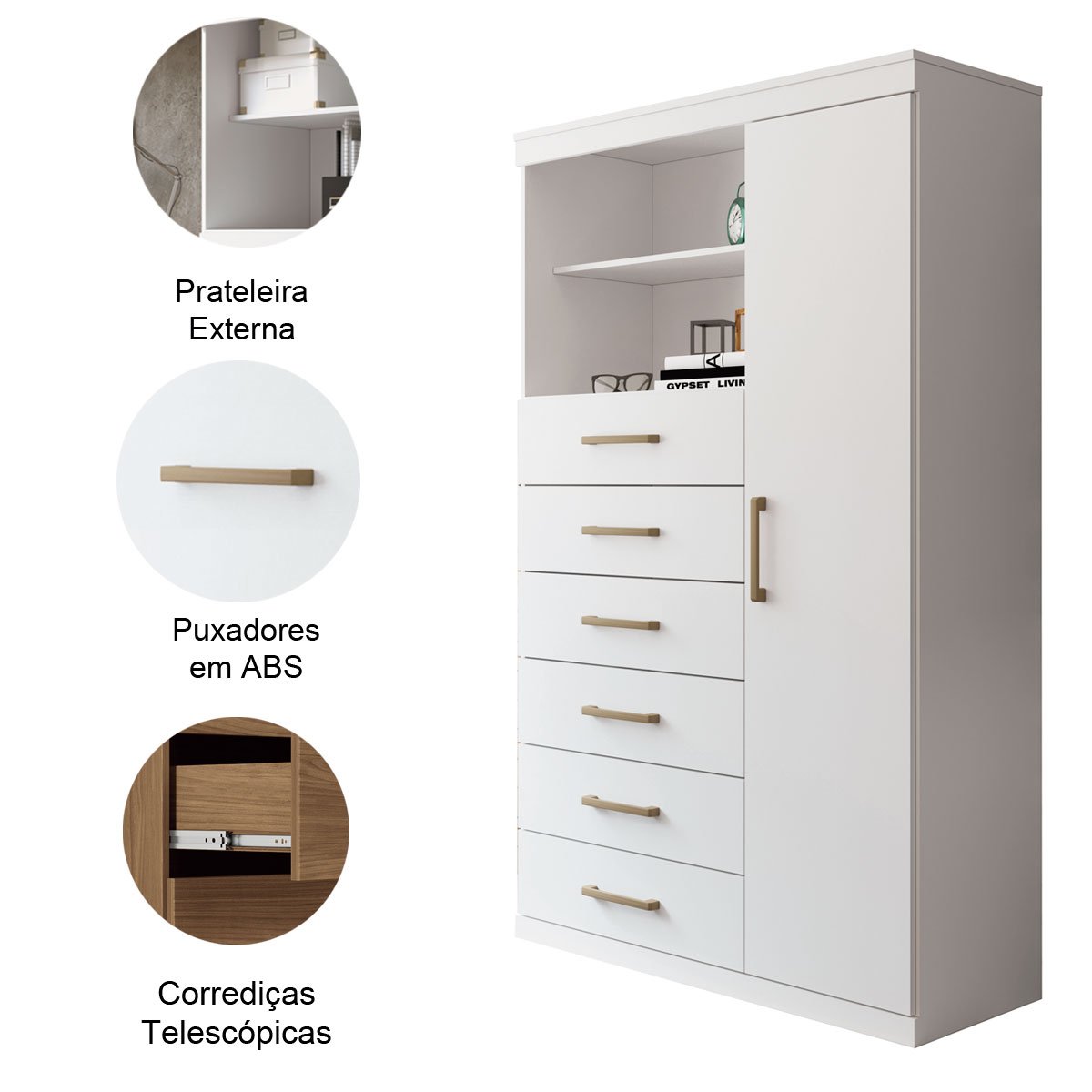 Cômoda Alta 1 Porta 6 Gavetas Marbella Branco
