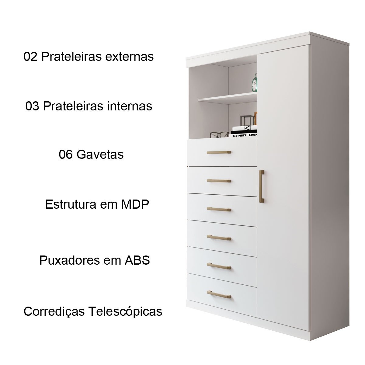 Cômoda Alta 1 Porta 6 Gavetas Marbella Branco