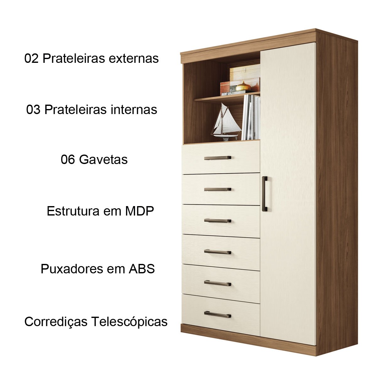 Cômoda Alta 1 Porta 6 Gavetas Marbella Jatobá/Areia