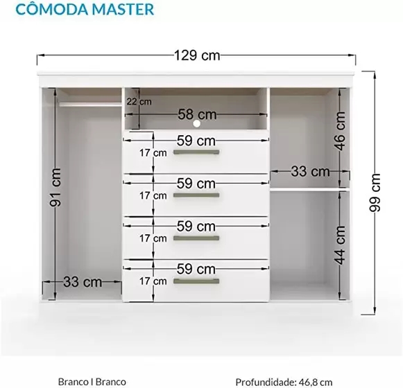 Cômoda Para Quarto Moderna Espaçosa Com 4 Gavetas 2 Portas Multiuso Cms Branca - Santos Andirá