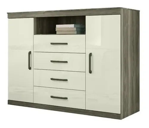 Cômoda Para Quarto Moderna Espaçosa Com 4 Gavetas 2 Portas Multiuso Cms Castanha Off - Santos Andirá