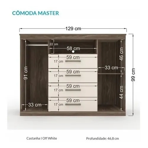 Cômoda Para Quarto Moderna Espaçosa Com 4 Gavetas 2 Portas Multiuso Cms Castanha Off - Santos Andirá