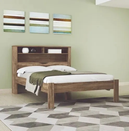 Cama Casal Marrom Moderna Para Quarto Com Cabeceira Baú Acoplado e Com Prateleiras Inv