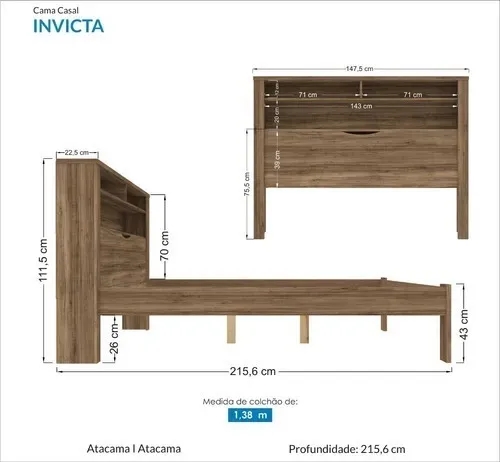 Cama Casal Marrom Moderna Para Quarto Com Cabeceira Baú Acoplado e Com Prateleiras Inv